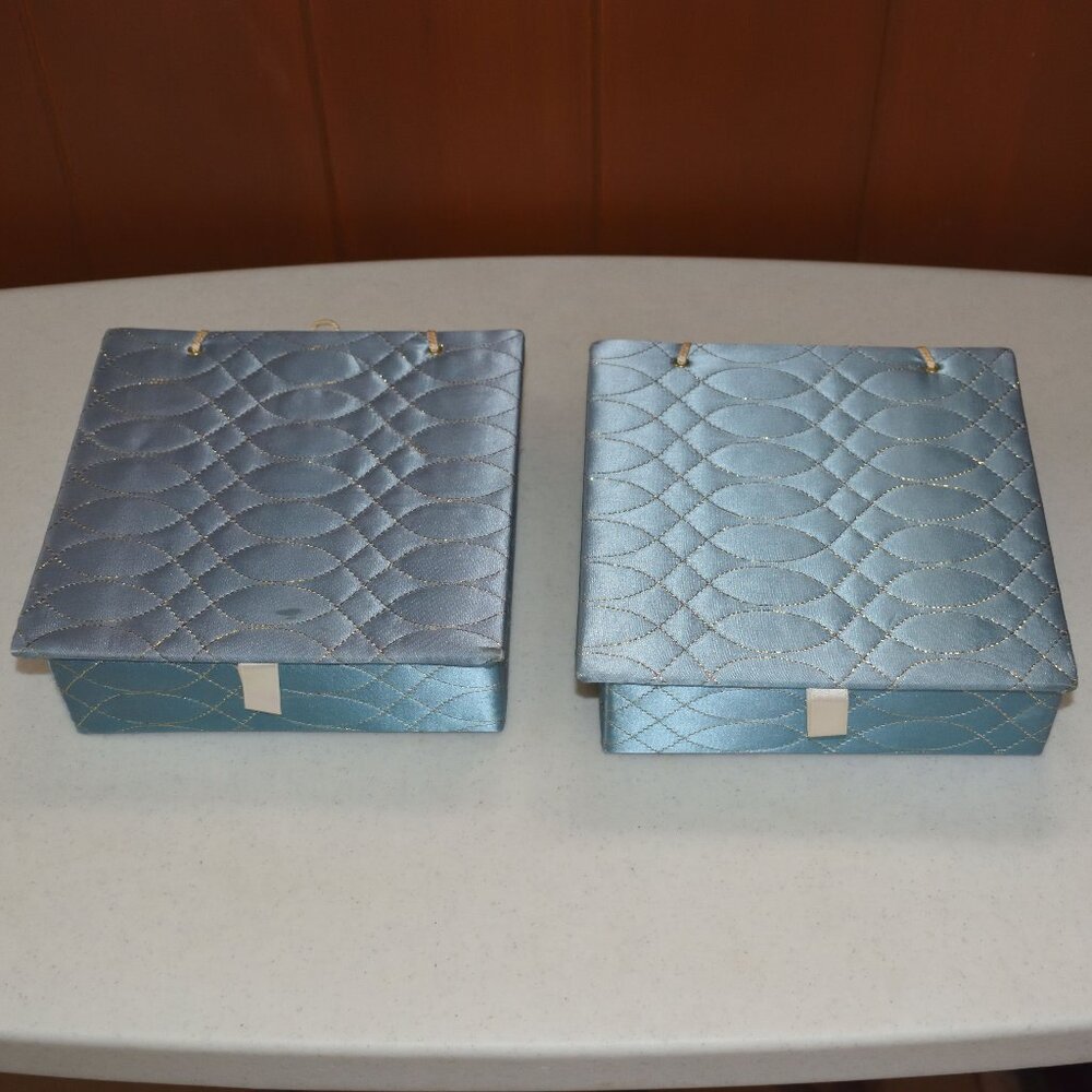 Lot of (2) Vtg Blue Quilted Satin Vanity Square Box For Glove Handkerchief Scarf